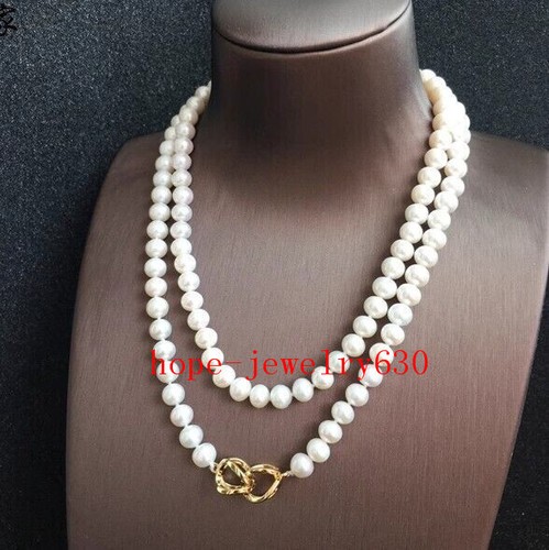 Collana Di Perle D'acqua Dolce Naturale Akoya Bianca 8-9 Mm, Placcata Oro Giallo - Lunghezza 18 Pollici - Foto 5