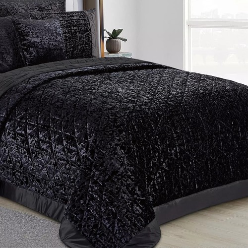 3 Pcs Quilted Bedspread Crushed Velvet Bedspread Bed Throw Set Double King Sizes - Picture 16 of 26