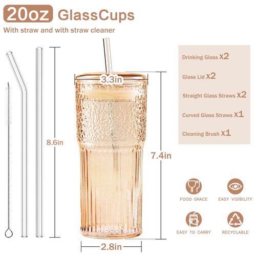 Glass Cups with Straws and Lids 2 Pack 20oz Drinking Jar Glass Iced Coffee Cu... - Picture 2 of 6