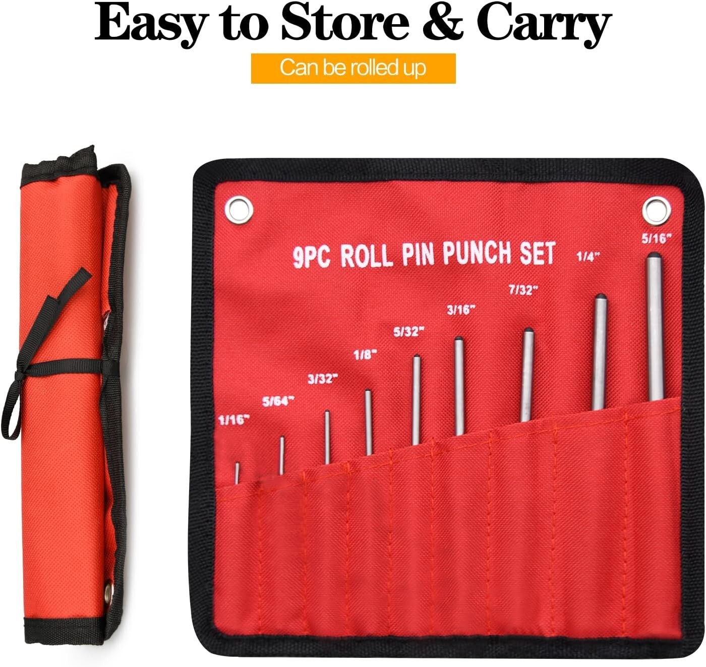 9 Pc Roll Pin Punch Set, Gunsmithing Kit, Removing Repair Tool, 1/16" - 5/16"