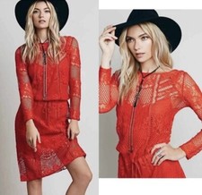 Free People Luna Long-Sleeve Crocheted Lace Dress in Pimento Red Orange Size XS