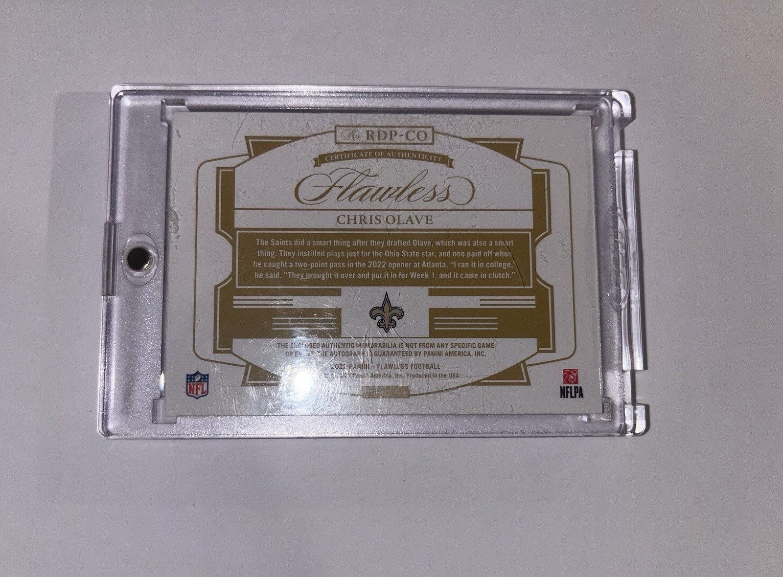 2022 Panini Flawless RC Chris Olave Ruby /15 RPA Dual Patch Auto #RDP-CO view 3