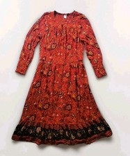Old Navy L Boho Long Sleeve Midi Peasant Sundress Smocked Floral Rust Red