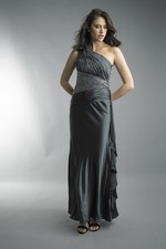 Charcoal One-Shoulder Beaded Evening Gown