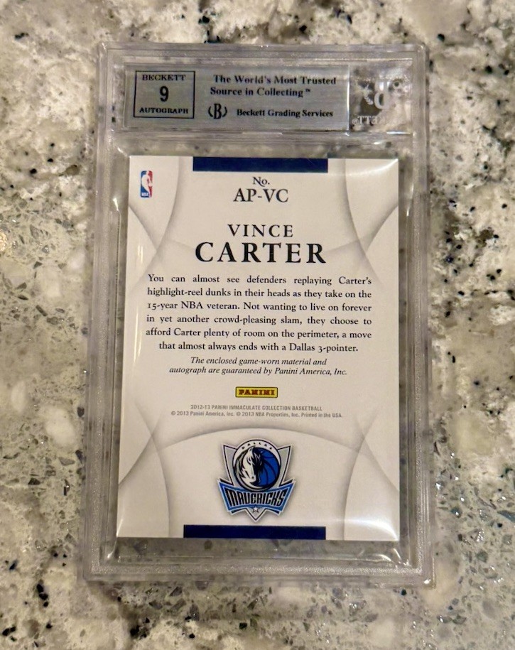 Vince Carter 2012 Immaculate GAME USED Patch Auto /100 BGS 8.5 Mavs SSP #AP-VC view 2