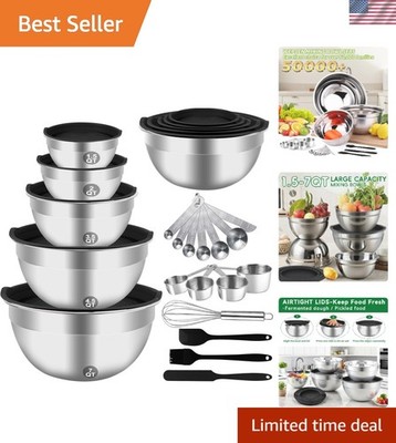 5-Size Stainless Steel Mixing Bowls Set - Airtight Lids & Kitchen Essentials