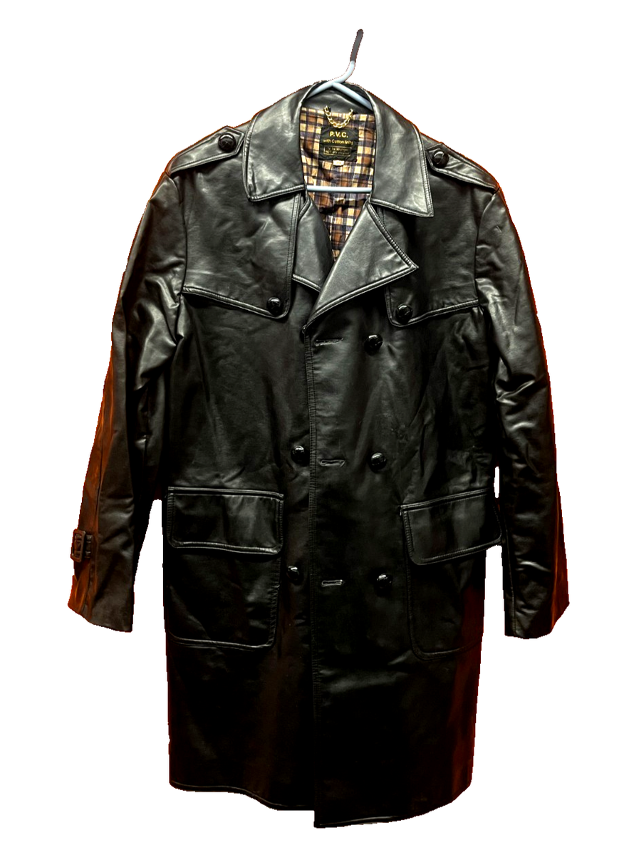 Vintage Black PVC Trench Coat Goth Sheik Avant Garde Plaid Lined