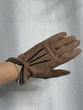 Vintage Women  s Brown Suede Goat Leather Gloves Green Accents Size 7.5 -Capretto