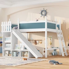 Full Loft Bed with Storage Shelves and Cabinet, Solid Wood Loft Beds with Detach