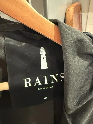 RAINS Long Hooded Rain Jacket Velvet Shiny Black M/L Unisex Raincoat image 2