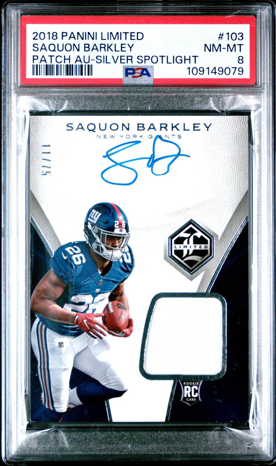 Saquon Barkley Panini Limited #103 Patch Autograph-Silver Spotlight
