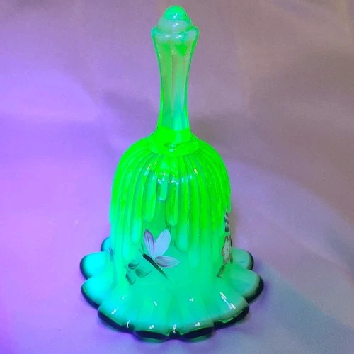 Fenton Hand painted Vaseline Glass Opalescent Black Crest Cabinet Bell