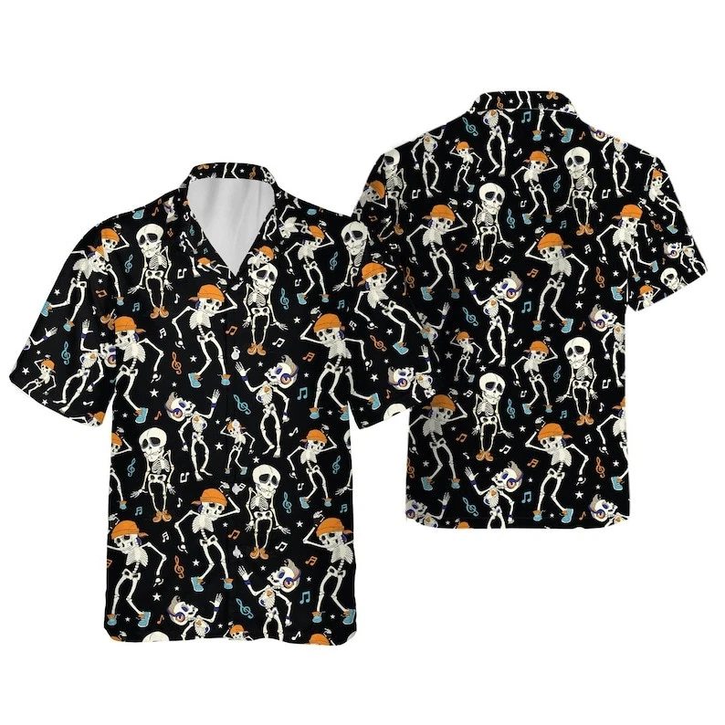 Halloween Dancing Skeleton Hawaiian Shirt Funky Spooky Party Beach Button Down