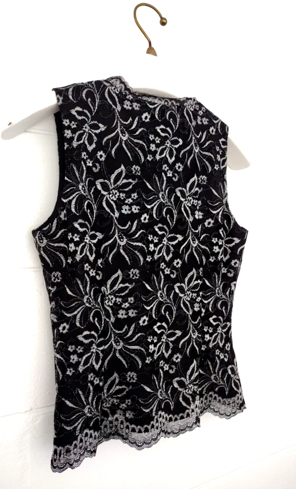 Винтажный 90-х Y2k Spiegel резинке Майка черный серебряный цветочный кружева v-образным вырезом фея вечеринки - Изображение 4 из 4