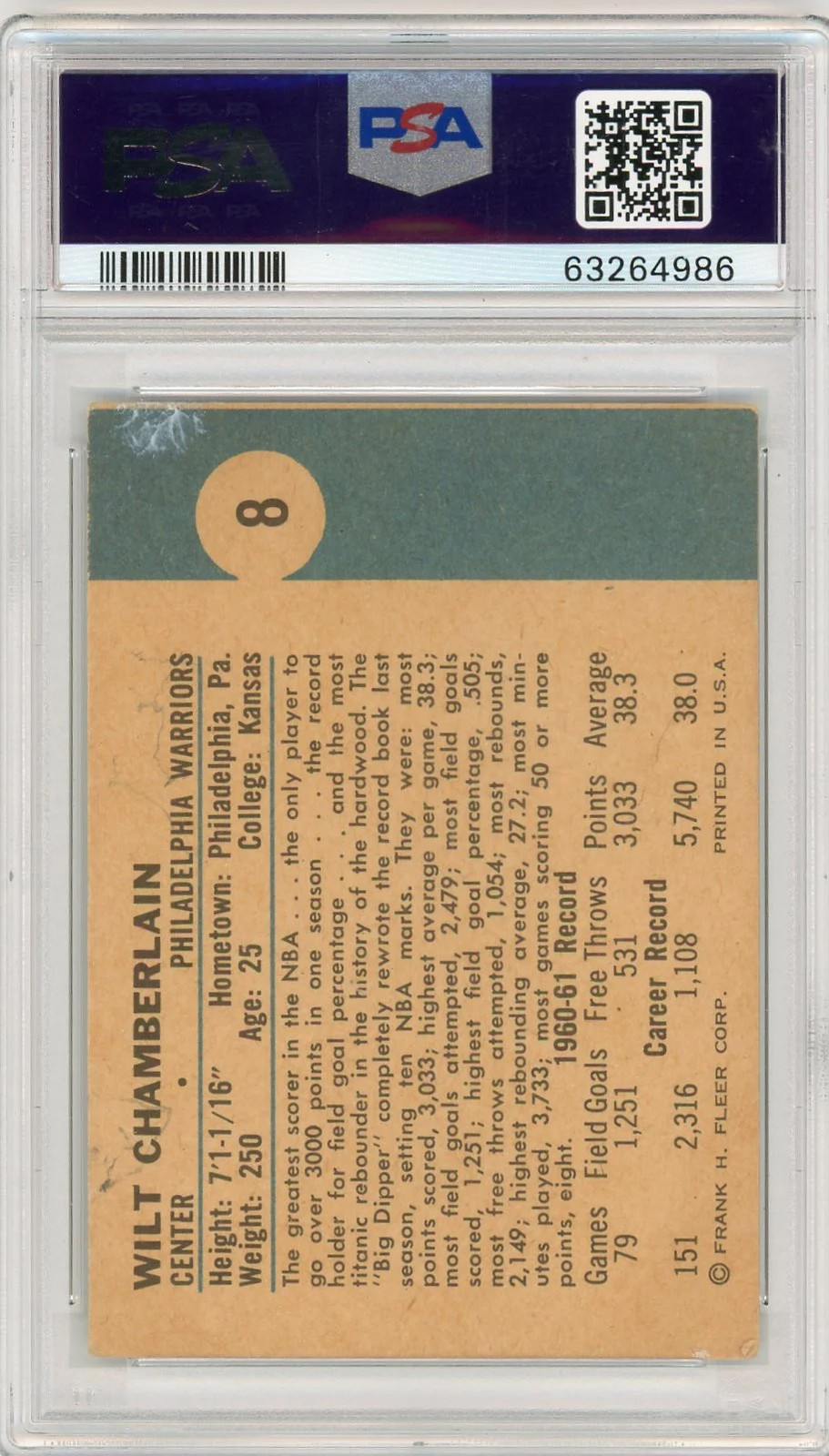 1961 Fleer Wilt Chamberlain #8 PSA 2 view 2