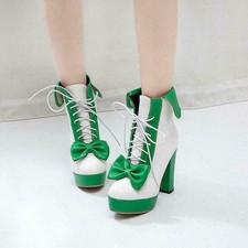 Women's Bowknot Ankle Boots Platform Lolita Lace Up High Heels Shoes Two Tone SZ