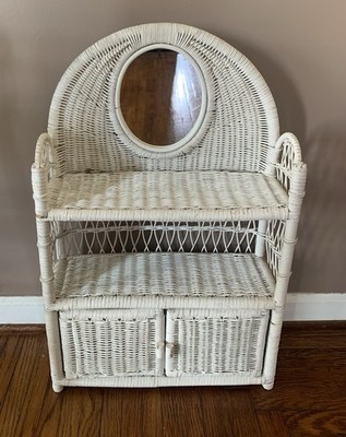Vintage White Wicker Vanity Mirror Wall Bathroom Two Tier Shelving Unit Shabby