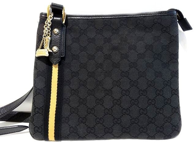 GUCCI Sherry Line GG Canvas Shoulder Bag in Black Beige Gold Hardware