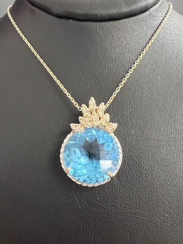 Ciondolo oro giallo 14 carati naturale 9,07 ct topazio tondo diamante catena oro 14 carati -NUOVO - Foto 4 di 17