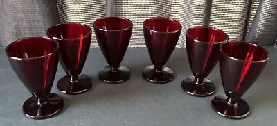 6 Vintage Anchor Hocking Ruby Red WINE Glasses 3-3/8'' Cordial Depression *JDK*