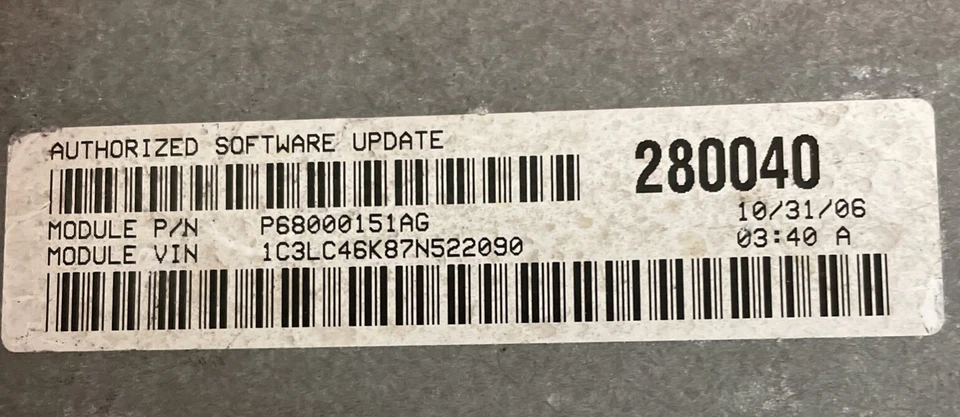 Chrysler Sebring Dodge Avenger 2007 ECU ECM P68000151AG garantía Foto 2 de 3