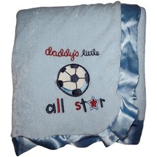 Carter's Blue Daddy's Little All Star Soccer Baby Blanket Satin Trim Vtg