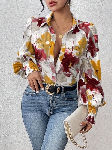 Women Autumn Floral Loose Shirts Long Puffs Sleeve Button Up Blouse Top TEE Size - Picture 12 of 21