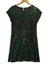 Cable & Gauge Sequin Shift Dress Womens Green Short Sleeve Cocktail Party Event