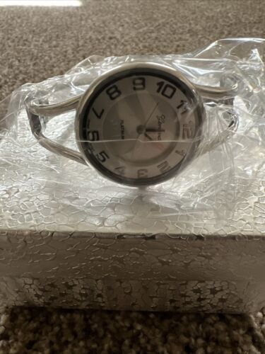 STC Womens Silver Round Face Metal Double Band Fashion Bangle Cuff Watch
