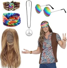 60s 70s Men Women Hippie Costume Accessories Set Fancy Dress Wig Party Decor