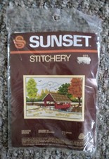 Vintage Sunset Stitchery Meadow Bridge Covered Bridge Embroidery Kit