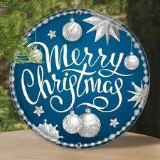 Christmas Wreath Round Aluminum Sign in Vintage Blue/Silver