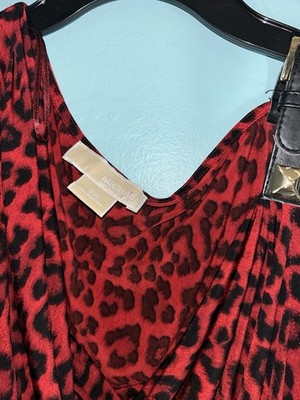 Michael Kors Women's Red/Black Leopard Cowl Neck Sleeveless Blouse 2XL Mat