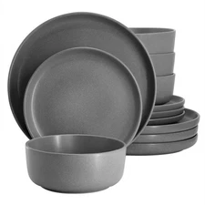 Soho Lounge Bryant Park 12 Piece Reactive Stoneware Dinnerware Set in Gray
