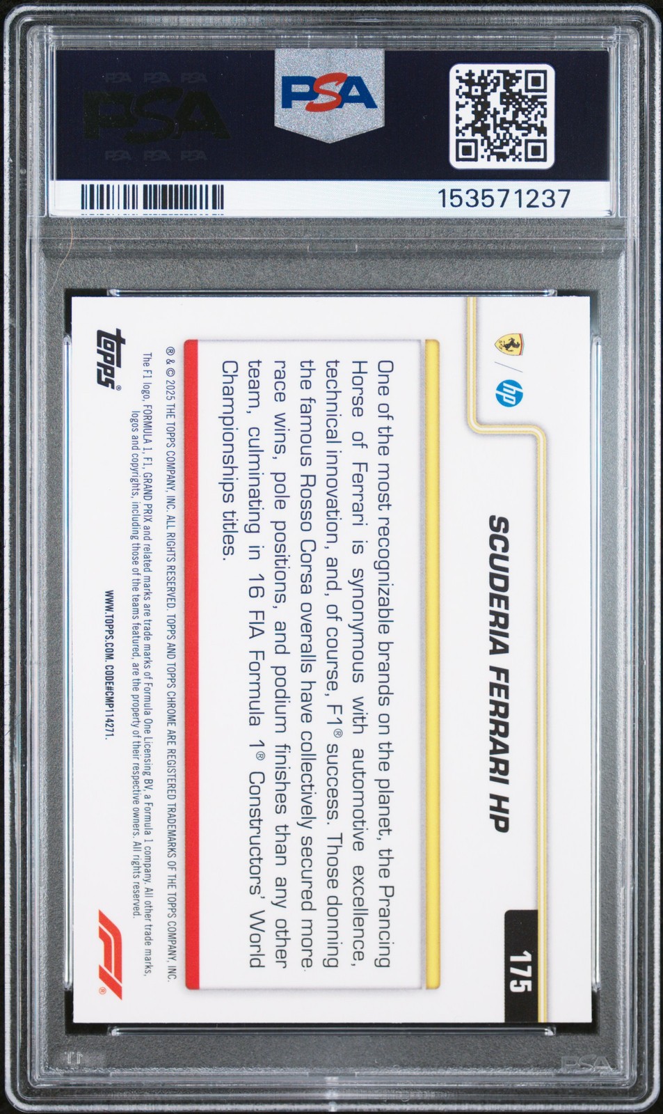 2025 TOPPS CHROME FORMULA 1 #175 SCUDERIA FERRARI HP PSA 9 view 2