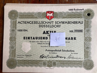 Lagerverkauf 41 Actiengesellschaft Schwabenbräu Düsseldorf 1929 1000 RM VF