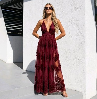 Windsor Morgan Flocked Red Velvet Dress Cocktail Sheer Maxi Sz S Wedding Guest