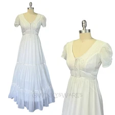 Gunne Sax Corset Maxi Dress Size 9 White Lace Puff Sleeve Wedding Prairie 70s 