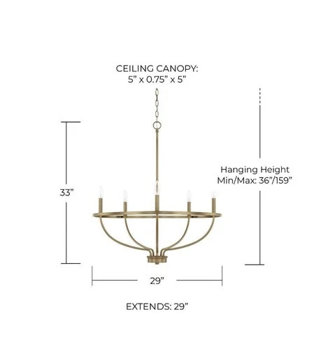 Capital Lighting 428551AD Greyson 5-Light Chandelier 29"W Taper Candle Brass - Picture 4 of 5