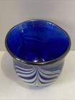 Signed W E Porter 1983 Pulled Feather Blue Iridescent Art Glass Paperweight Dish — photo 2