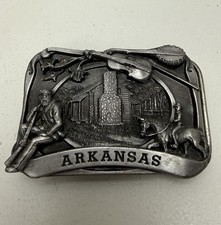 Vintage 80s Arkansas Belt Buckle by Siskiyou 1984 Log Cabin Pioneer Music Banjo