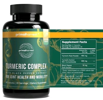 TURMERIC COMPLEX Black Pepper Extract Joint Mobility Support 60ct PRIMAL HARVEST
