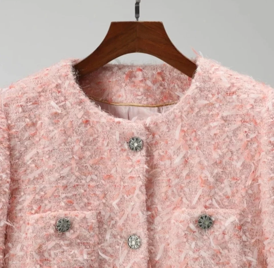 Handmade tweed boucle Pink jacket With Fluffy Knitted Fringes Size M,L,XL,XXL Foto 3 de 4