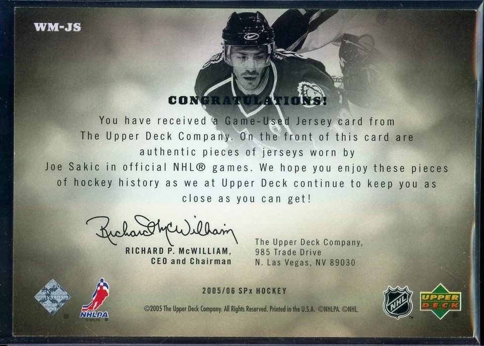 2005-06 SPx Winning Materials Gold #WMJS Joe Sakic 70/99 - Image 2 of 2