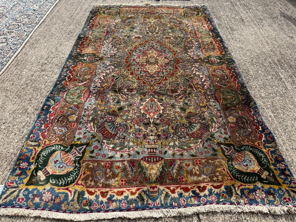 ALFOMBRA ORIENTAL ANTIGUA 4x6 hecha a mano tejida a mano vintage azul verde oro hecha a mano ft Foto 2 de 4