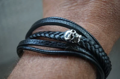 77309 - 70 % SUPERBE BRACELET CUIR NOIR 5 BRINS CRANE GOTHIQUE SACHET 21CM - Photo 1/4
