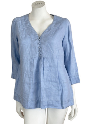 MALVIN Hamburg Germany I Love Linen Tunic Size M 3/4 Sleeve Button Blue Prairie