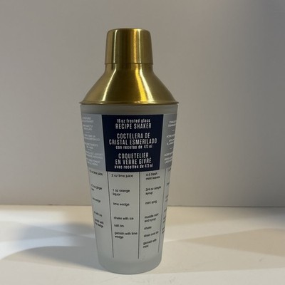Frosted Glass & Gold Top Cocktail Shaker w/Recipes 16oz by Cambridge Lenox NEW!