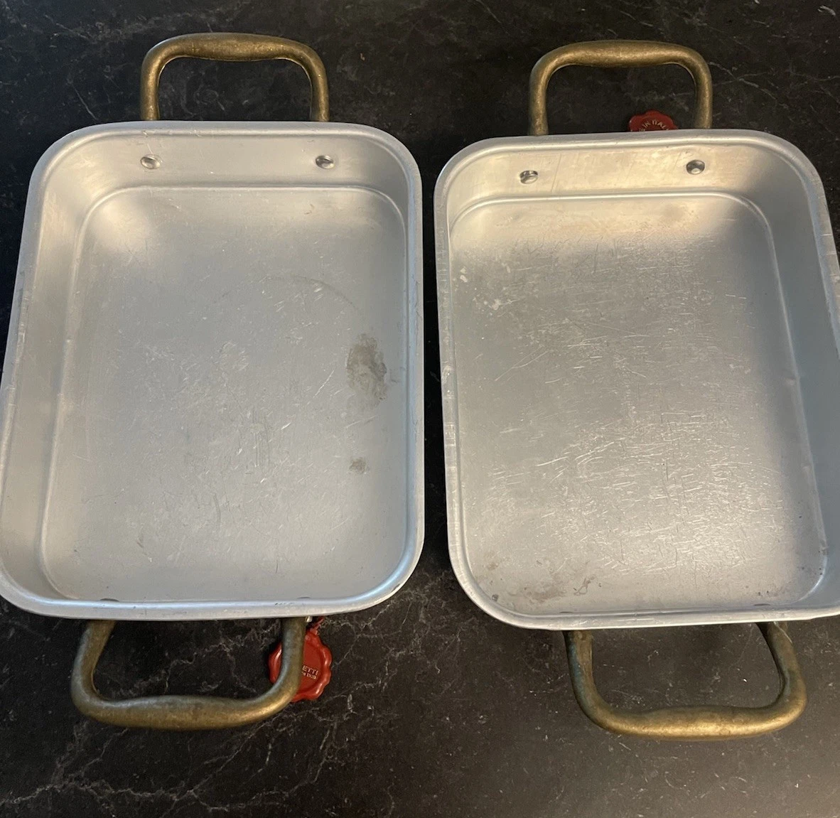 Ottinetti Italy Aluminum Baking/Serving Pans Set of 2 Brass Handles 8” EUC
Opens in a new window or