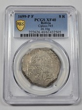 1699 Cob 8 Reales Potosí Bolivia PCGS XF40 Ensayador F Bonitas Superficies *M445